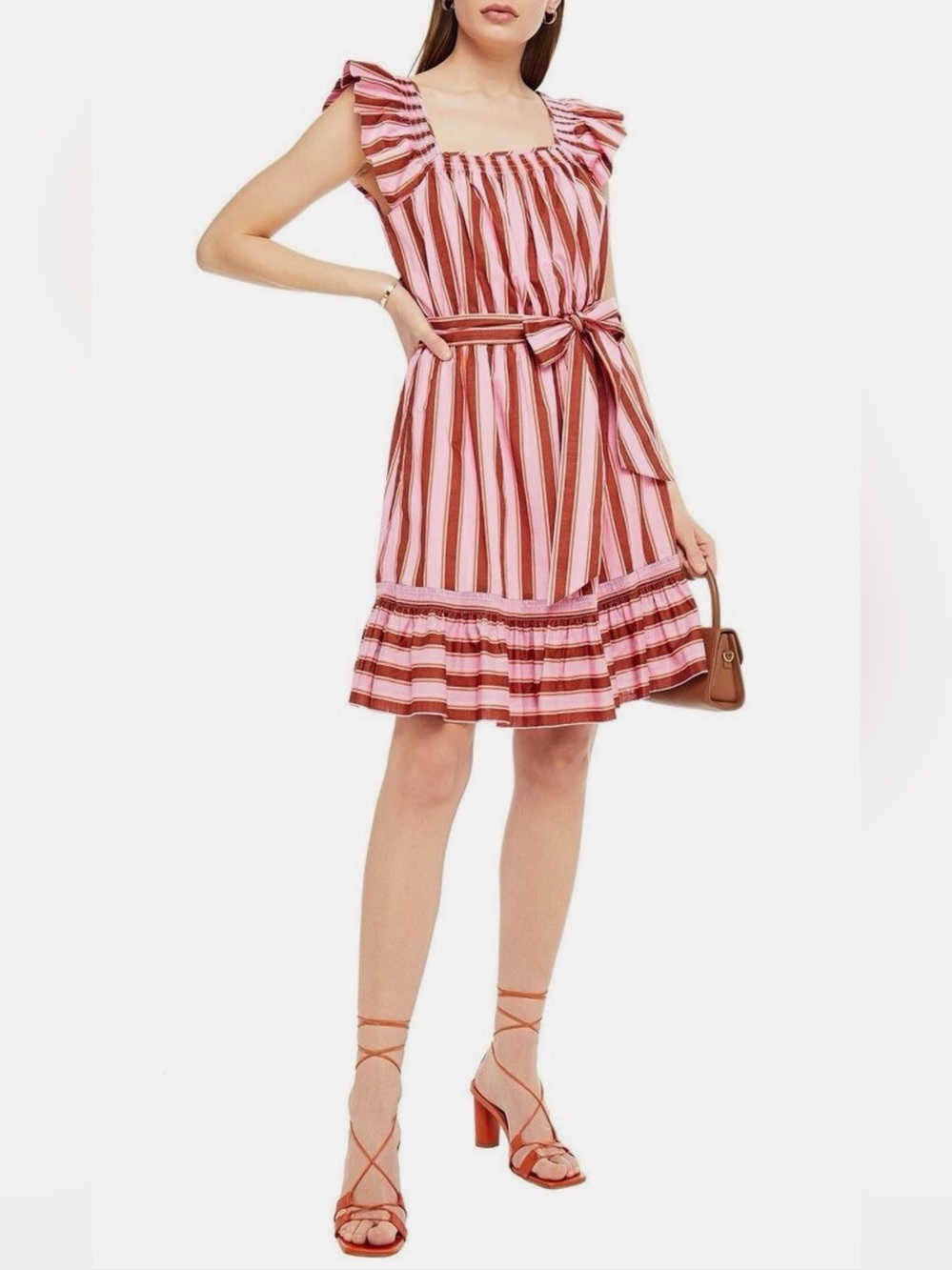 KATE SPADE - Calais Pink Stripe Flutter Sleeve Ruffle Dress